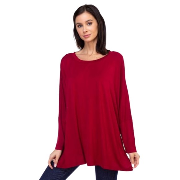 Tops - Women's Soft Stretchy Dolman Tunic Knit Burgundy